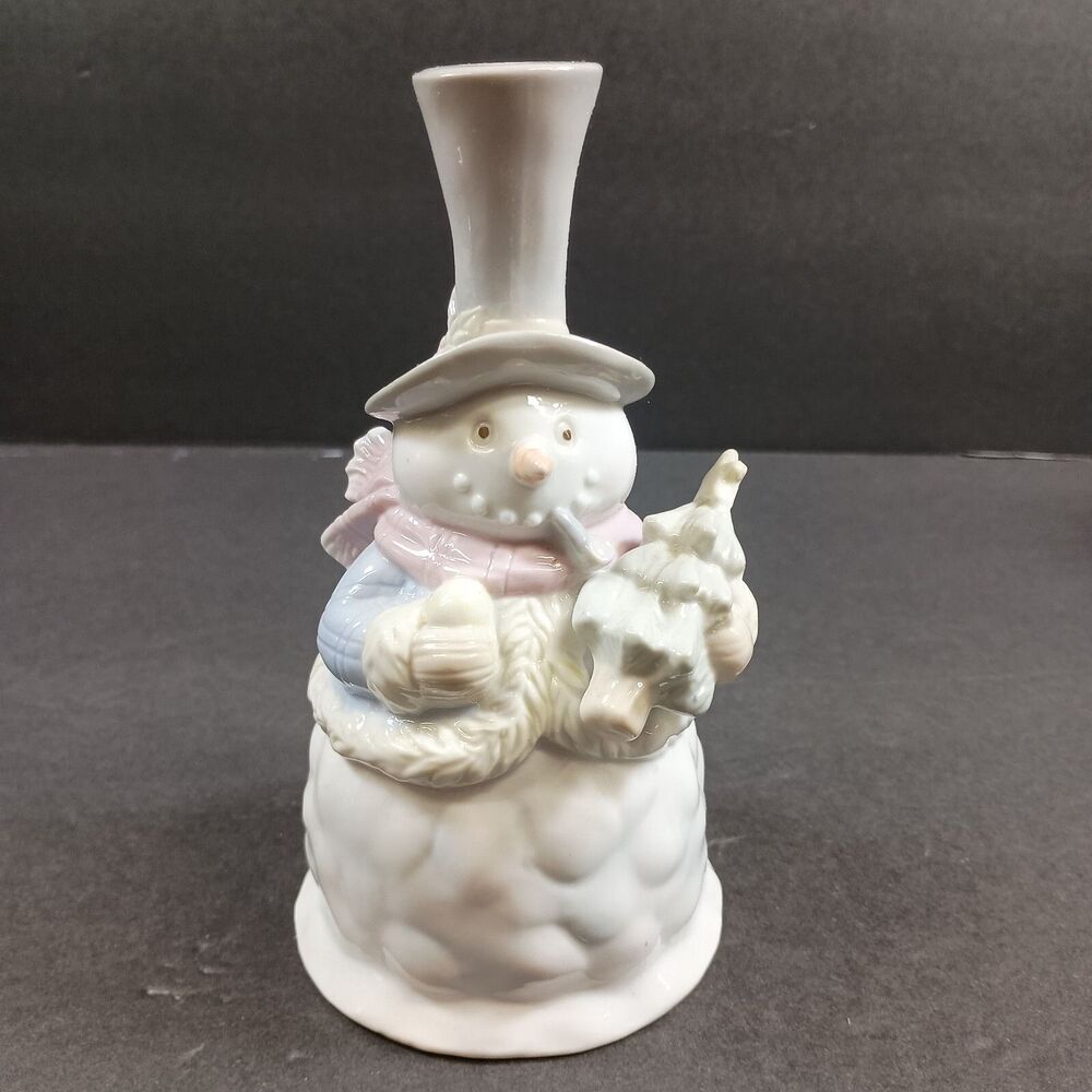 Classic Christmas Delight Porcelain Snowman w Tree and Hat White Dinner Bell